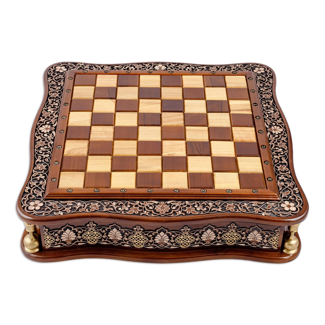 Polished Classic Floral Hand-Carved Walnut Wood Chess Set - Palace's Challenge