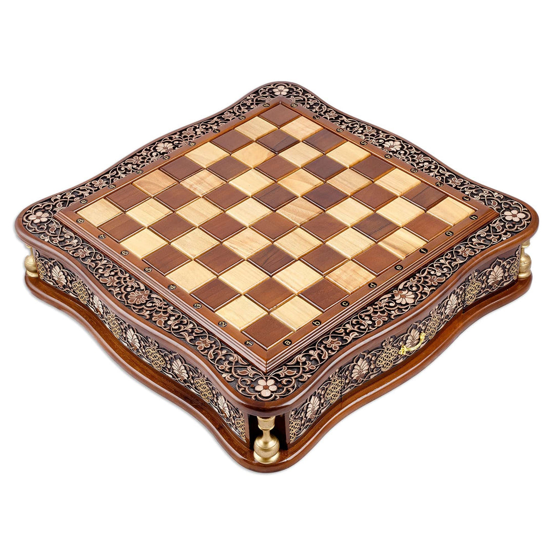 Polished Classic Floral Hand-Carved Walnut Wood Chess Set - Palace's Challenge
