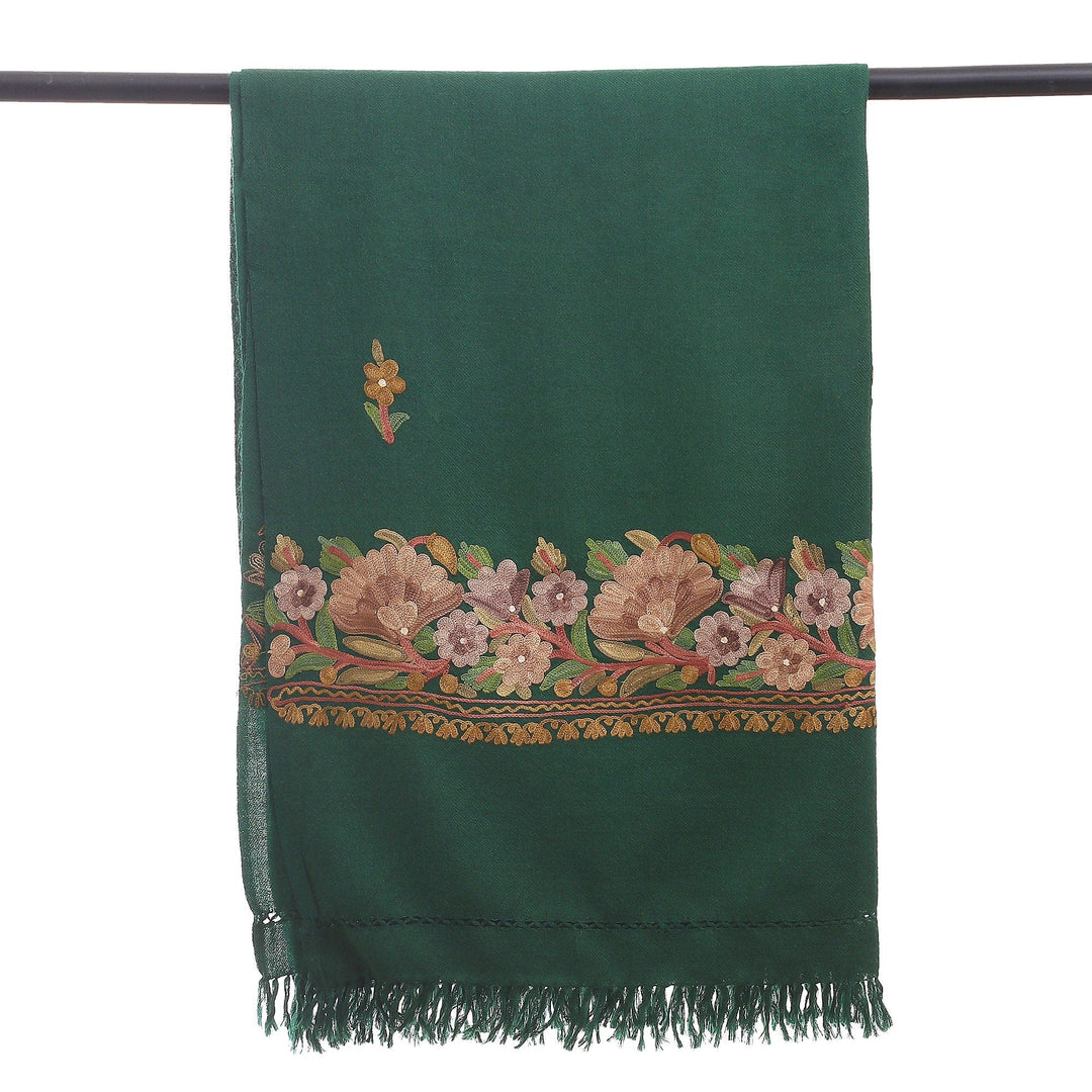 Floral Handwoven Wool and Rayon Embroidered Emerald Shawl - Garden of Emerald