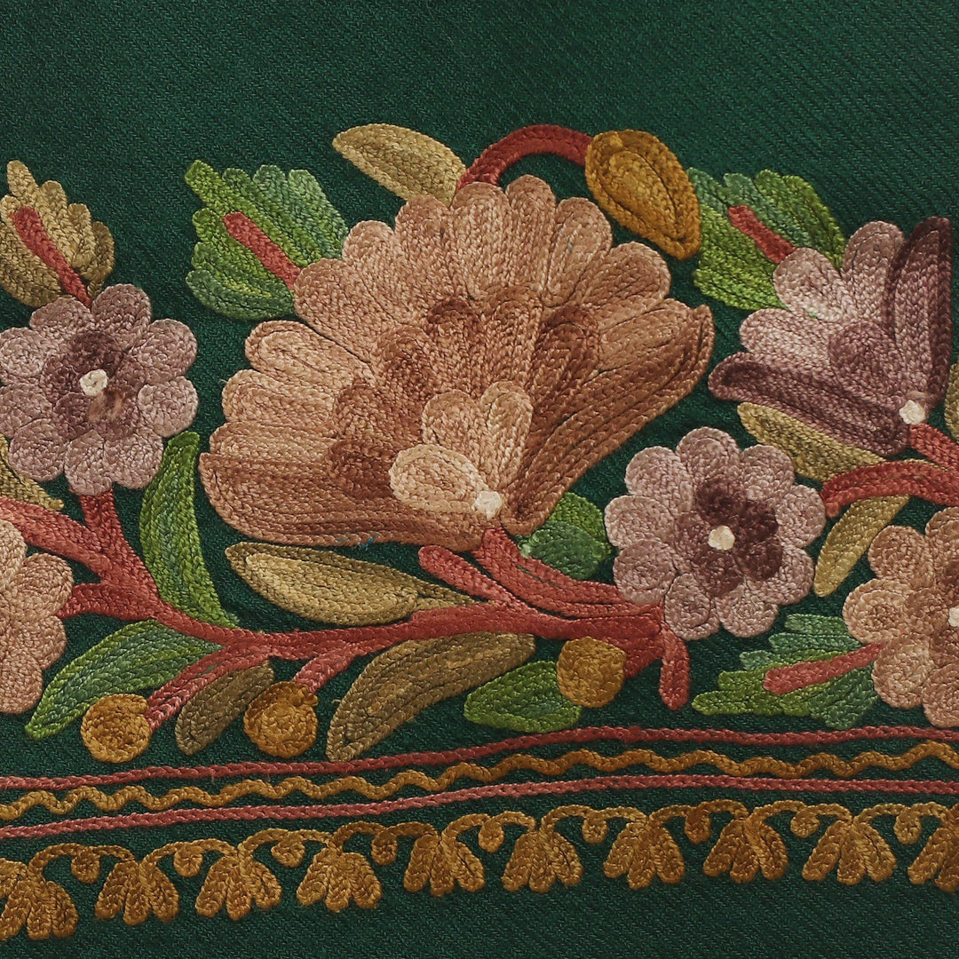 Floral Handwoven Wool and Rayon Embroidered Emerald Shawl - Garden of Emerald