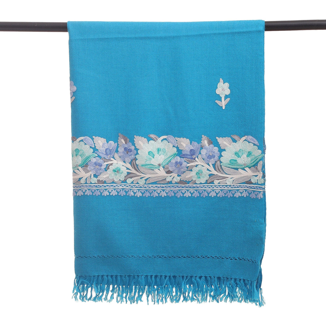 Floral Handwoven Wool and Rayon Embroidered Turquoise Shawl - Garden of Turquoise