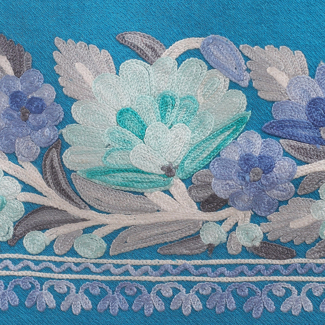 Floral Handwoven Wool and Rayon Embroidered Turquoise Shawl - Garden of Turquoise