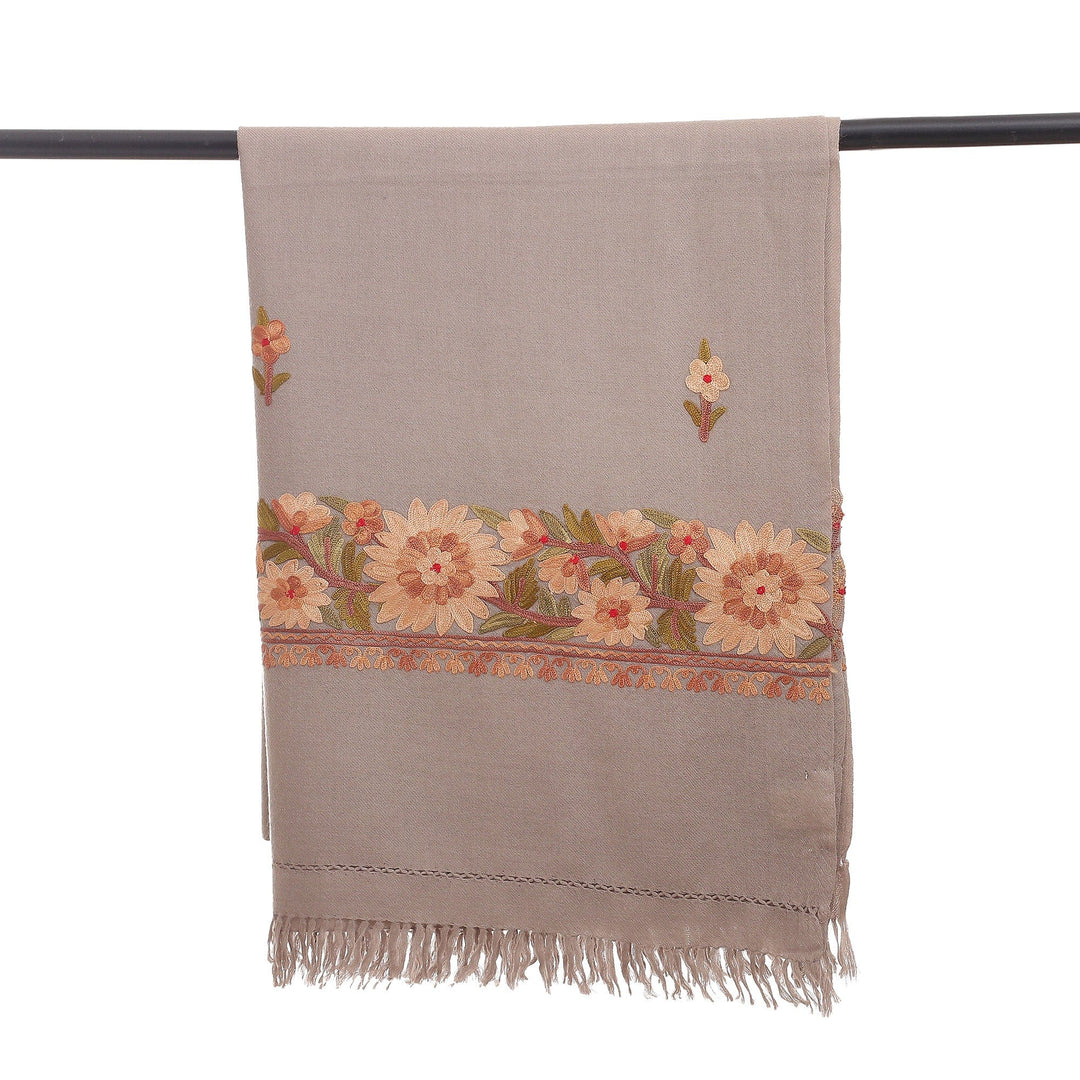 Floral Handwoven Wool and Rayon Embroidered Taupe Shawl - Garden of Taupe