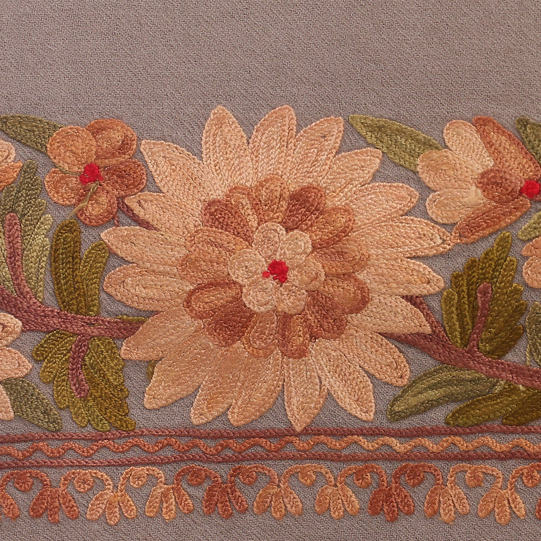 Floral Handwoven Wool and Rayon Embroidered Taupe Shawl - Garden of Taupe