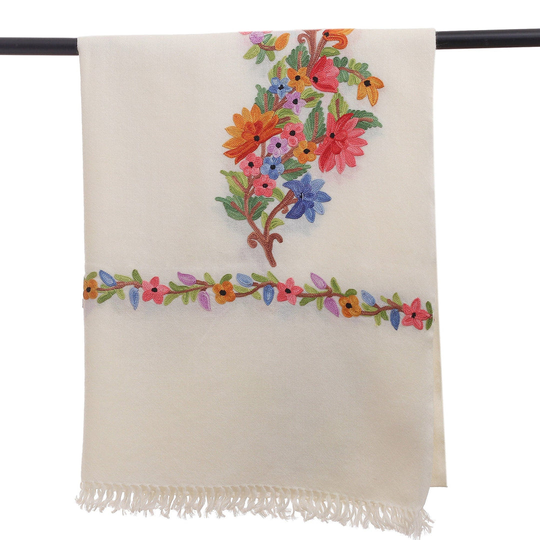 Floral Rayon-Embroidered Ivory Wool Shawl with Fringes - Ivory Prime