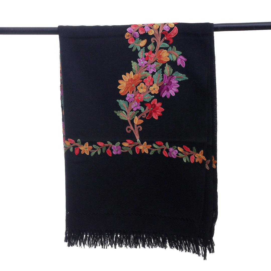 Floral Rayon-Embroidered Onyx Wool Shawl with Fringes - Onyx Prime