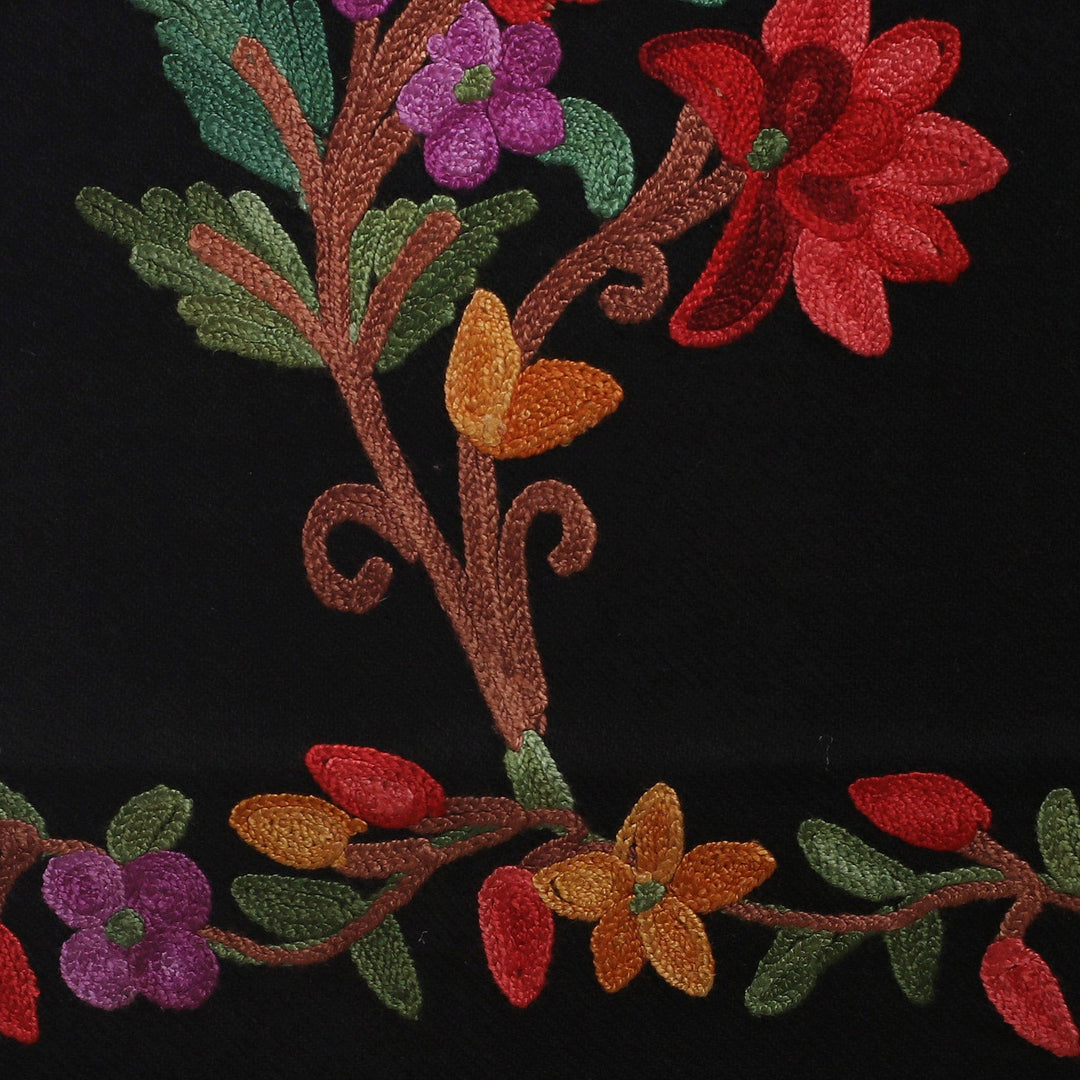 Floral Rayon-Embroidered Onyx Wool Shawl with Fringes - Onyx Prime