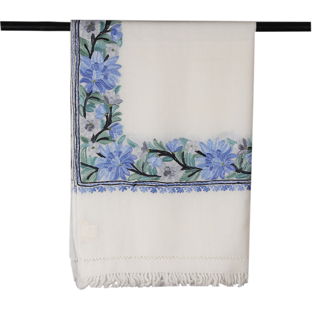 Rayon-Embroidered Woven Wool Shawl in Ivory and Blue Hues - Peaceful Glory