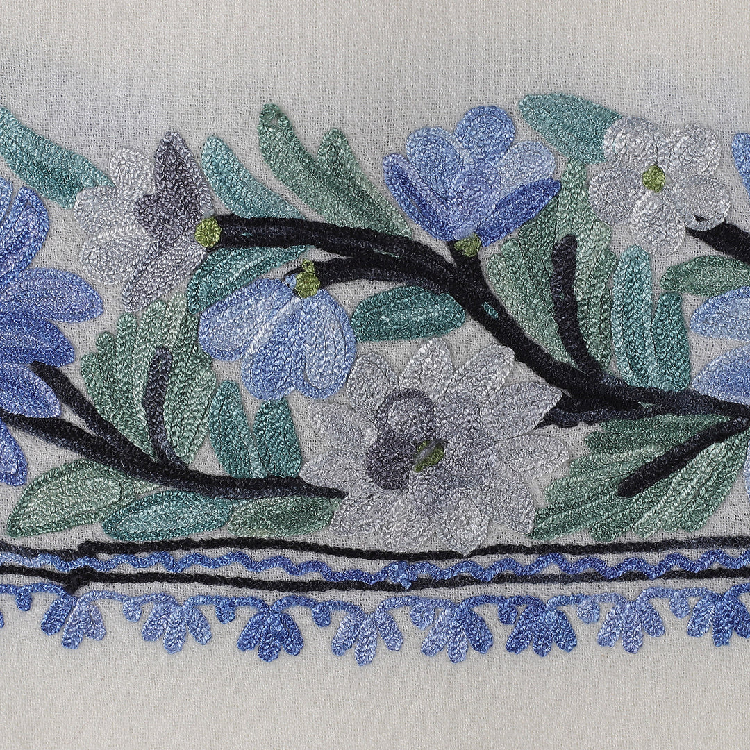 Rayon-Embroidered Woven Wool Shawl in Ivory and Blue Hues - Peaceful Glory