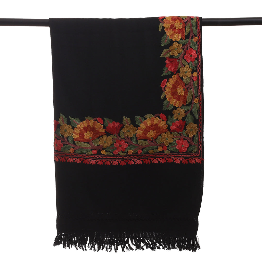 Rayon-Embroidered Woven Wool Shawl in Black and Warm Hues - Bewitching Glory