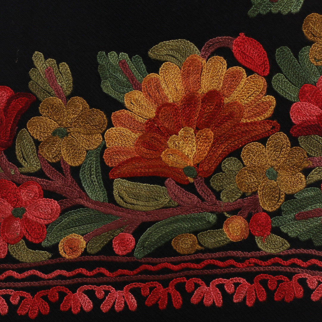 Rayon-Embroidered Woven Wool Shawl in Black and Warm Hues - Bewitching Glory