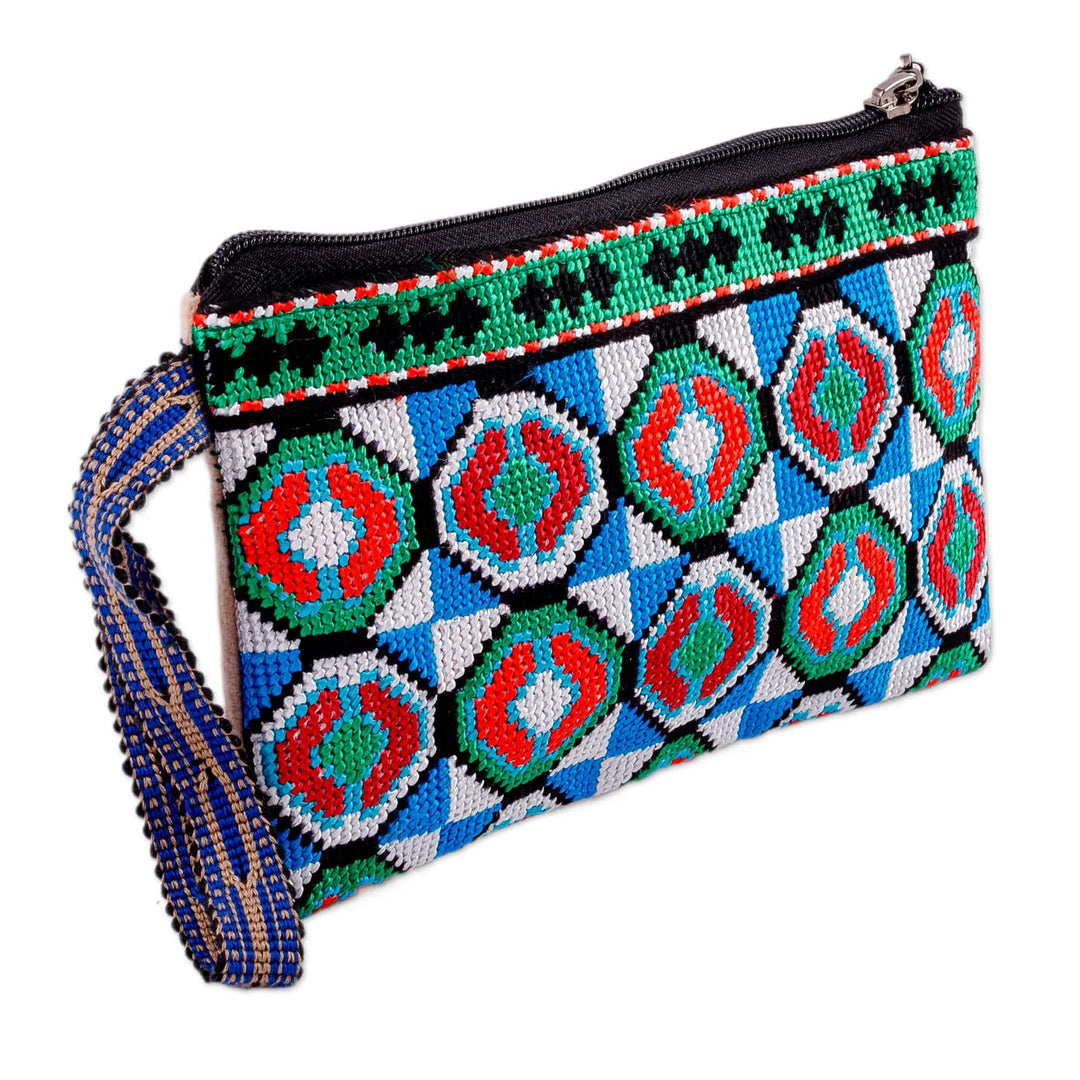 Blue and Green Patterned Embroidered Silk Cosmetic Bag - Classic Tiles