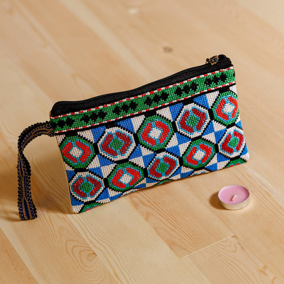 Blue and Green Patterned Embroidered Silk Cosmetic Bag - Classic Tiles
