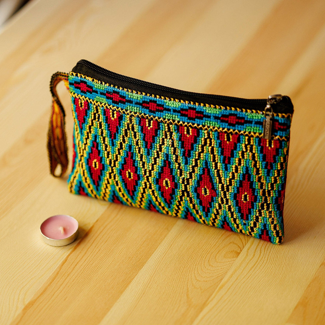 Diamond-Patterned Red and Yellow Silk Cosmetic Bag - Fire Jewels