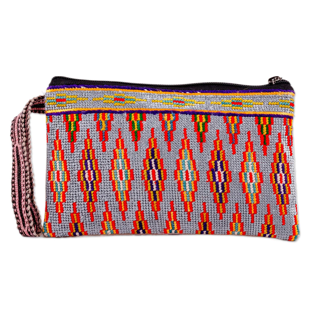 Diamond-Patterned Grey and Red Silk Cosmetic Bag - Sweet Jewels