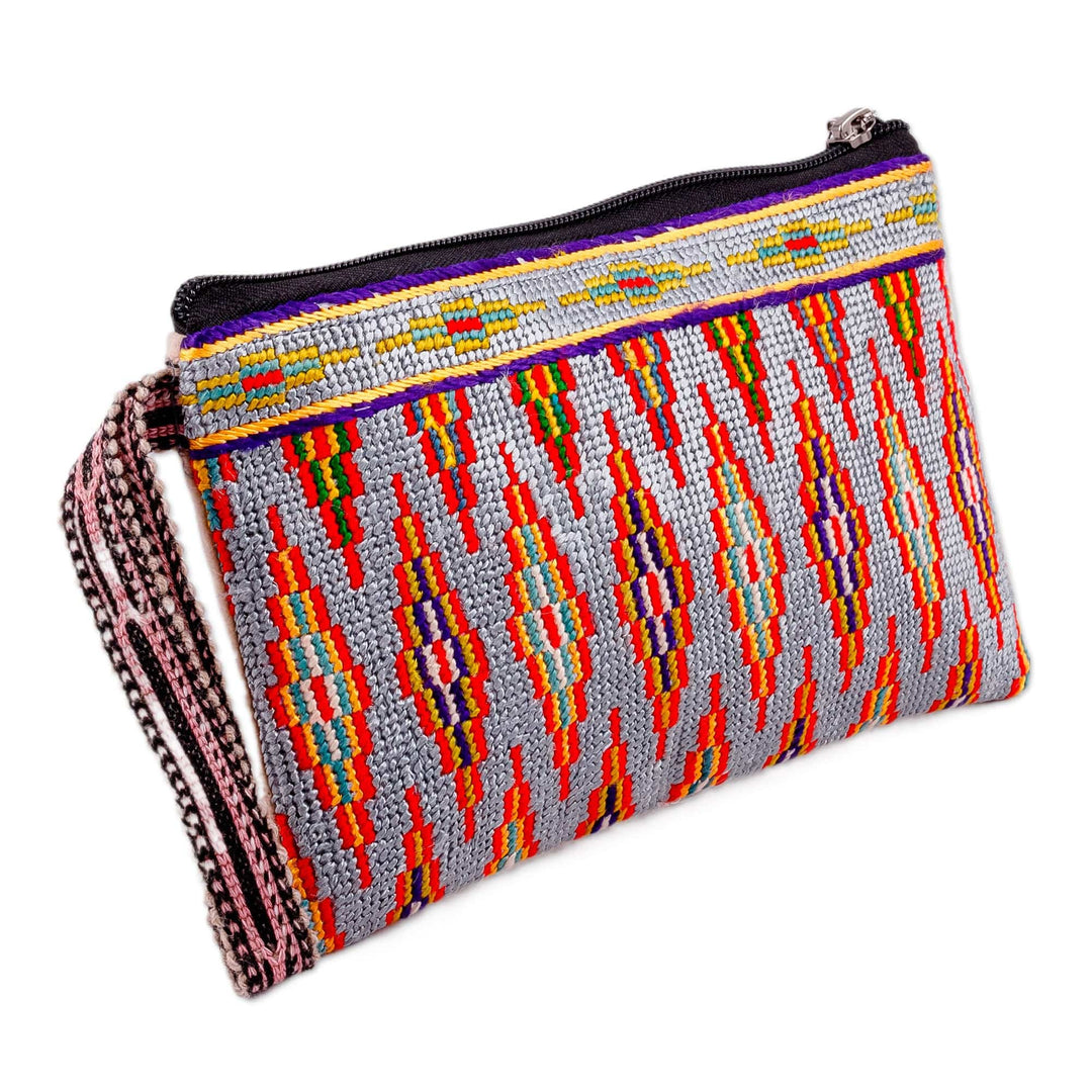 Diamond-Patterned Grey and Red Silk Cosmetic Bag - Sweet Jewels
