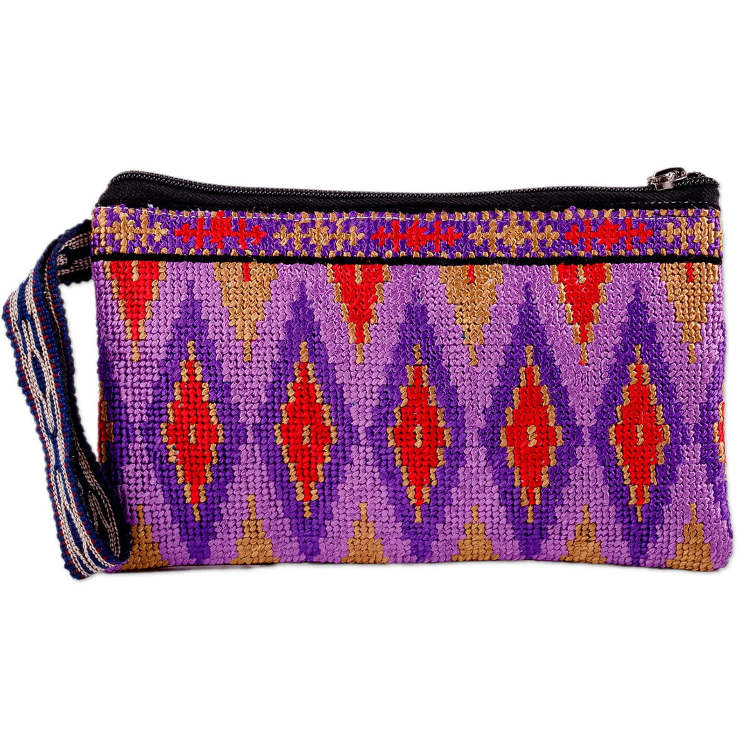 Diamond-Patterned Purple and Red Silk Cosmetic Bag - Glamorous Jewels