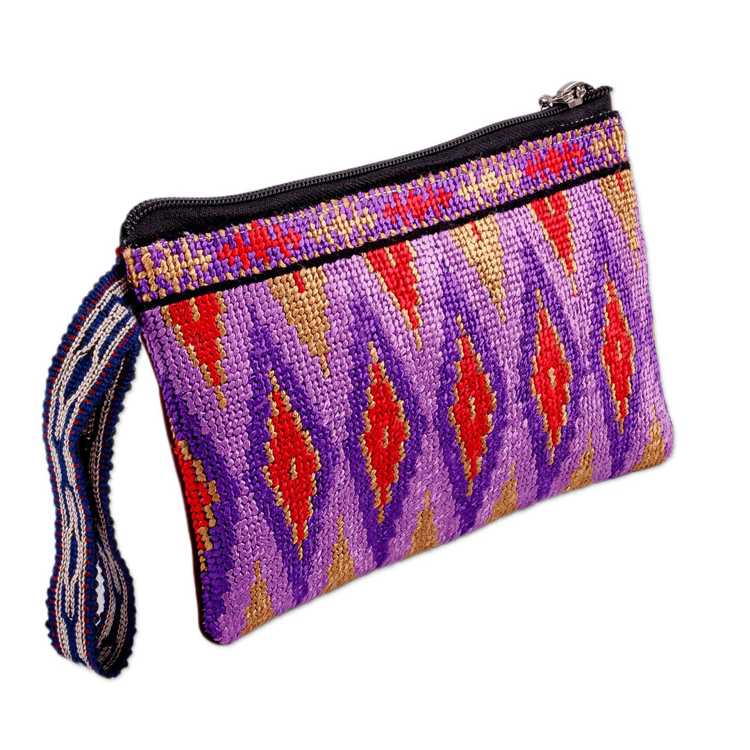 Diamond-Patterned Purple and Red Silk Cosmetic Bag - Glamorous Jewels