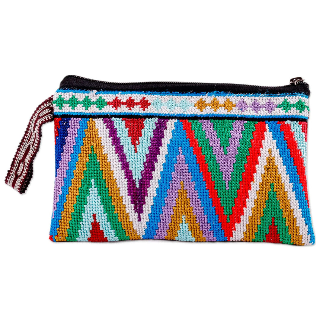 Colorful Chevron Patterned Embroidered Silk Cosmetic Bag - Rainbow Chevron