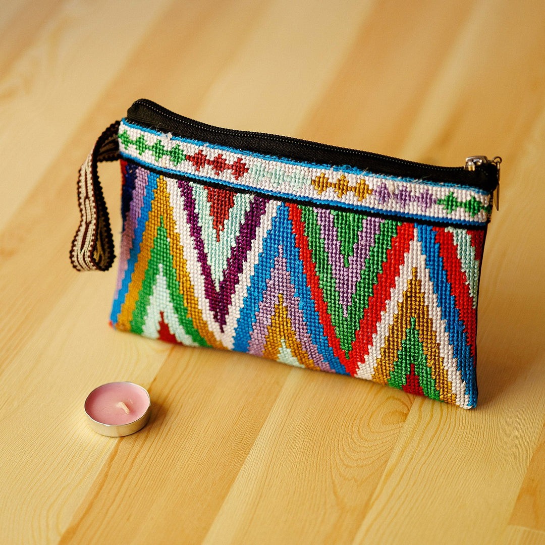 Colorful Chevron Patterned Embroidered Silk Cosmetic Bag - Rainbow Chevron