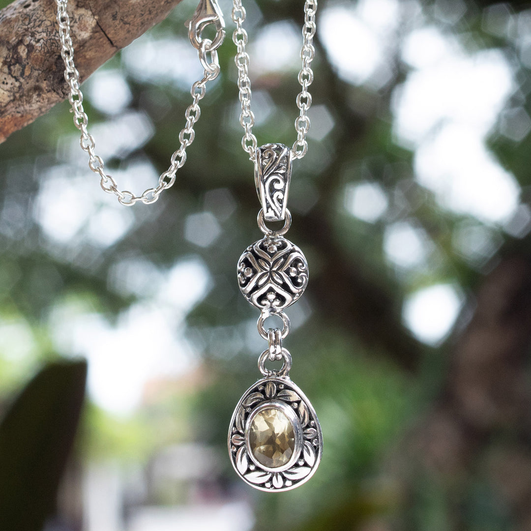 Sterling Silver Citrine Pendant Necklace with Leaf Motifs - Joyous Summer