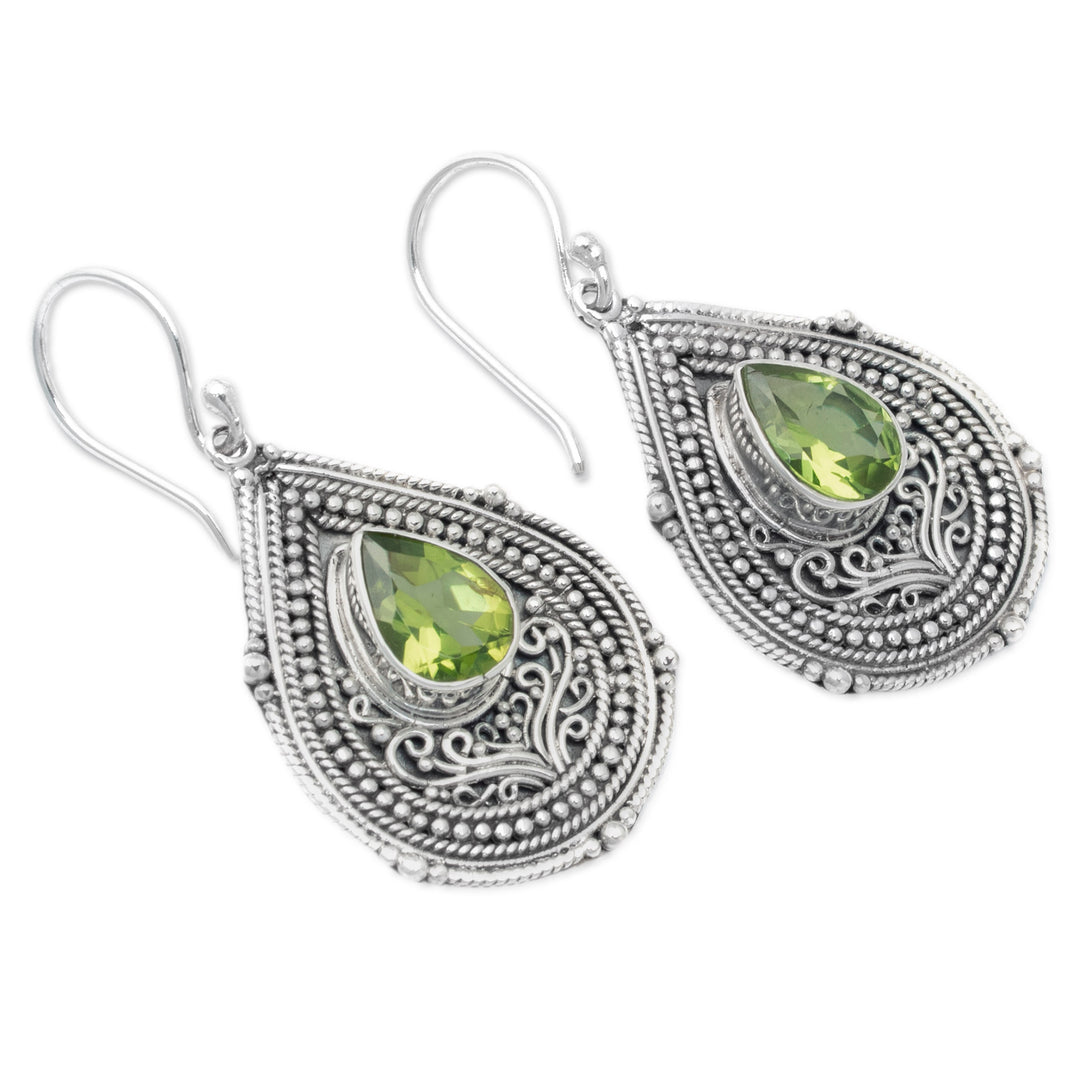 Teardrop Sterling Silver Dangle Earrings with Peridot Gems - Princess Palace in Green