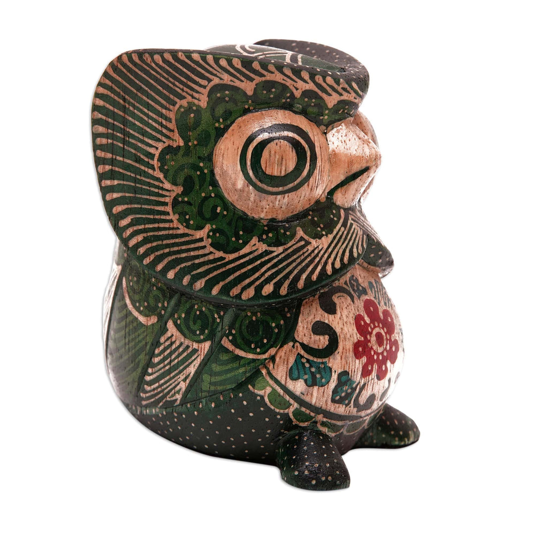 Batik Floral Owlet-Shaped Green Pule Wood Figurine - Midnight Owlet