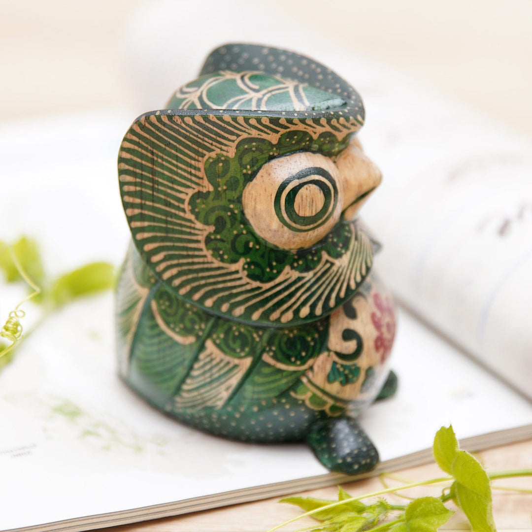 Batik Floral Owlet-Shaped Green Pule Wood Figurine - Midnight Owlet