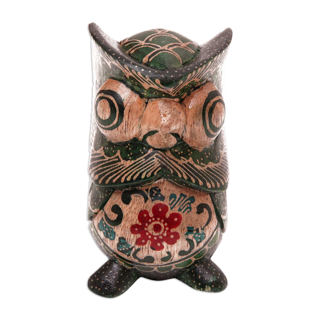 Batik Floral Owlet-Shaped Green Pule Wood Figurine - Midnight Owlet