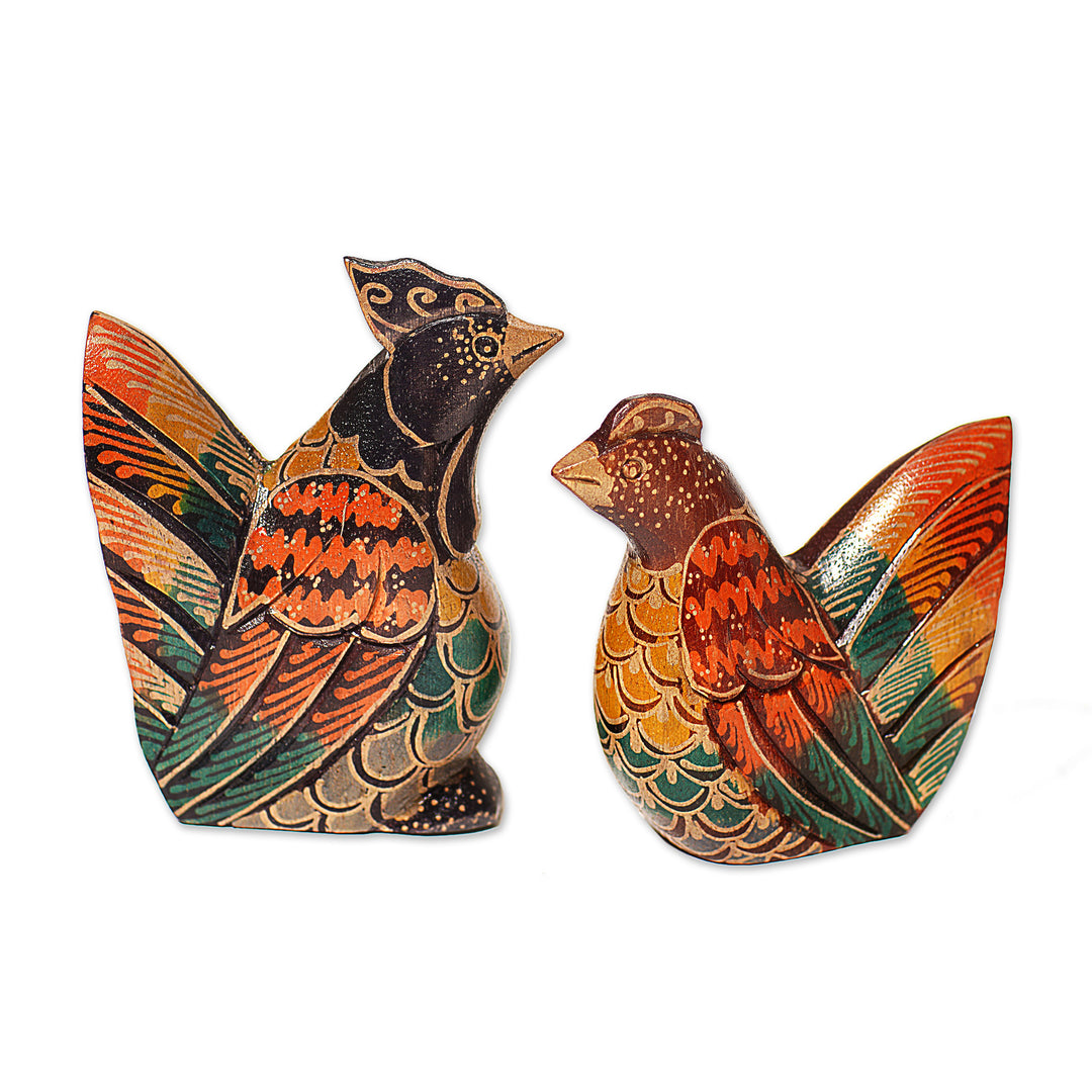 Set of 2 Batik Chicken-Shaped Pule Wood Figurines - Couple Chicken