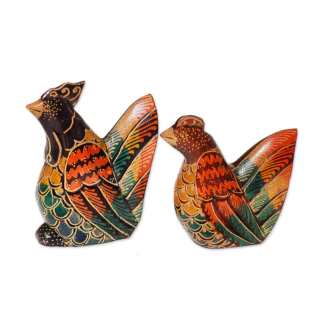 Set of 2 Batik Chicken-Shaped Pule Wood Figurines - Couple Chicken