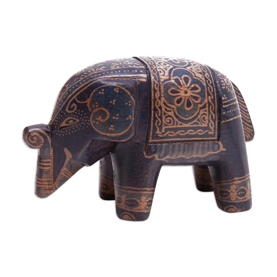 Batik Floral Elephant-Shaped Blue Pule Wood Figurine - Mystic Giant
