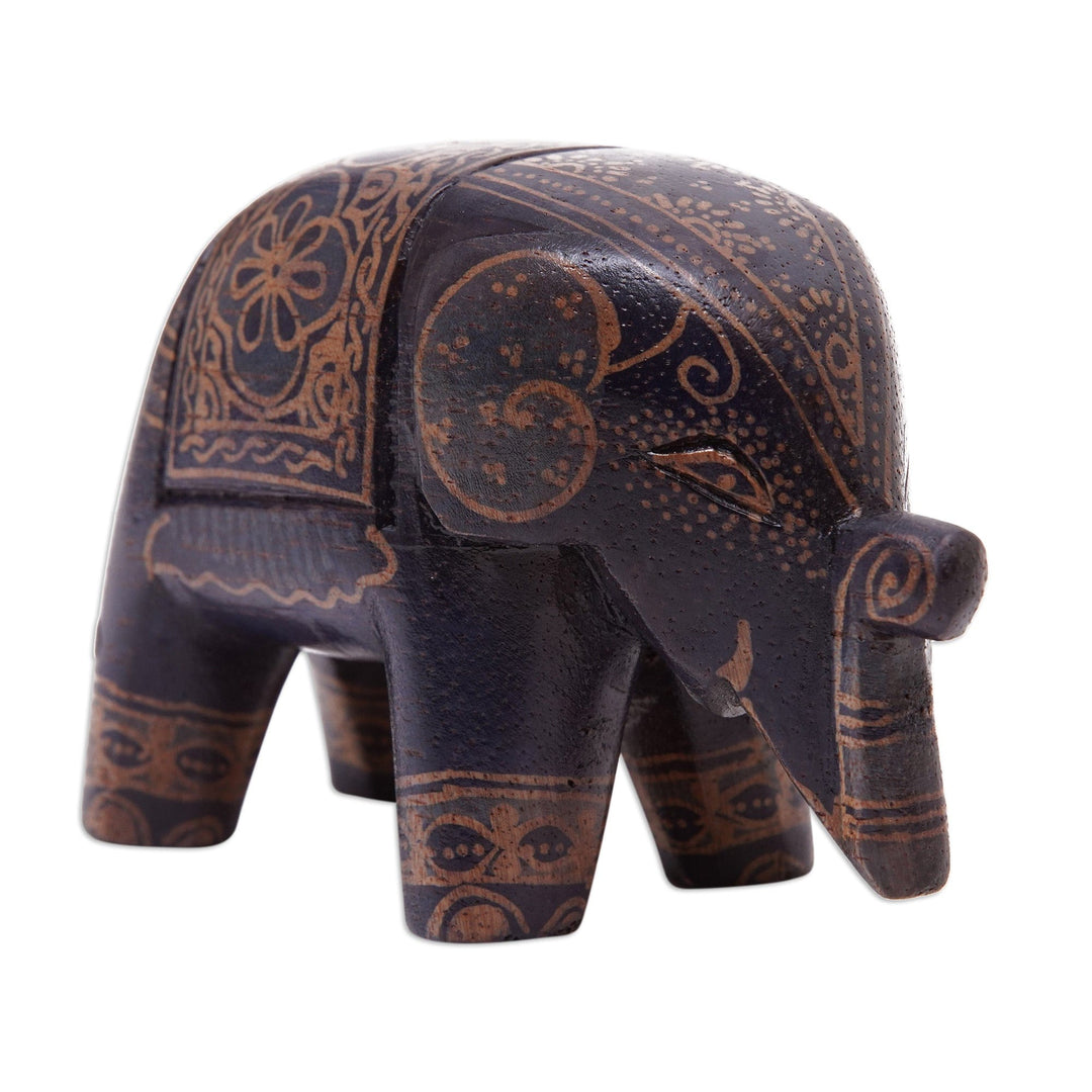 Batik Floral Elephant-Shaped Blue Pule Wood Figurine - Mystic Giant