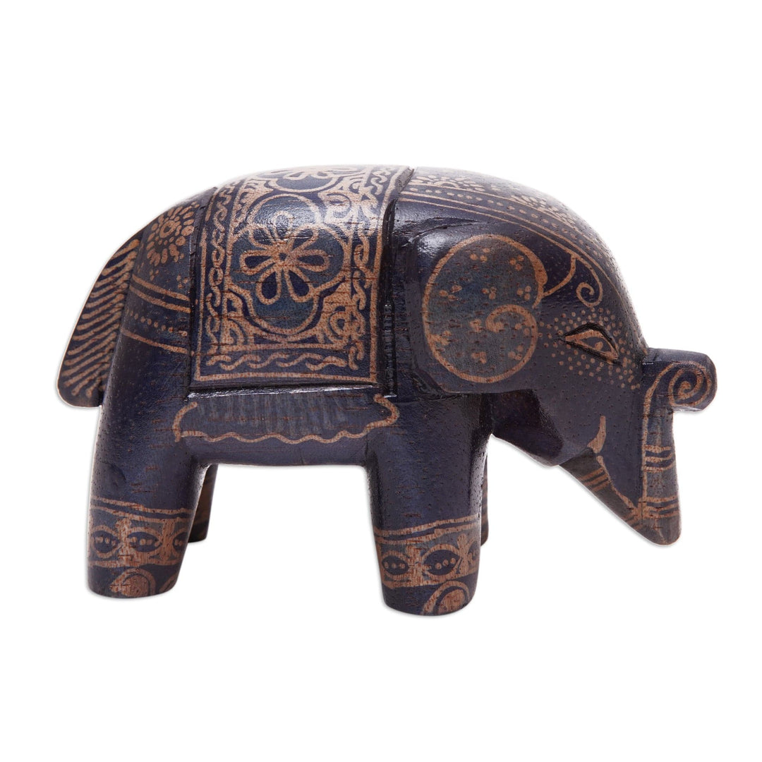 Batik Floral Elephant-Shaped Blue Pule Wood Figurine - Mystic Giant