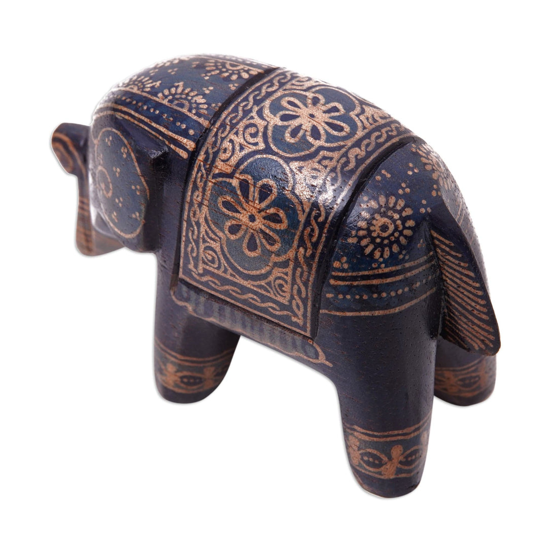 Batik Floral Elephant-Shaped Blue Pule Wood Figurine - Mystic Giant