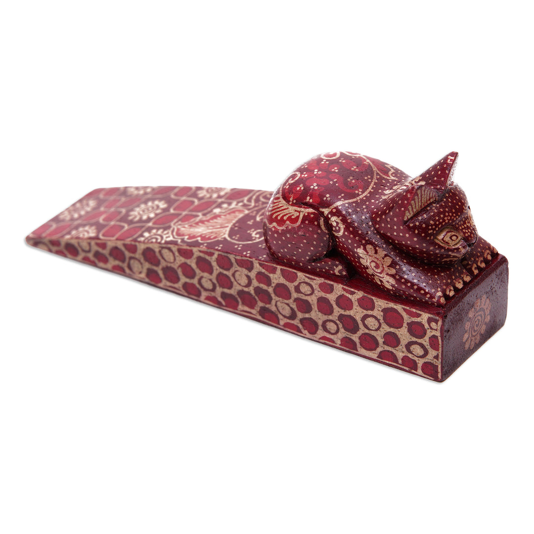 Handmade Batik Cat-Shaped Pule Wood Door Stop in Warm Hues - Feline Space