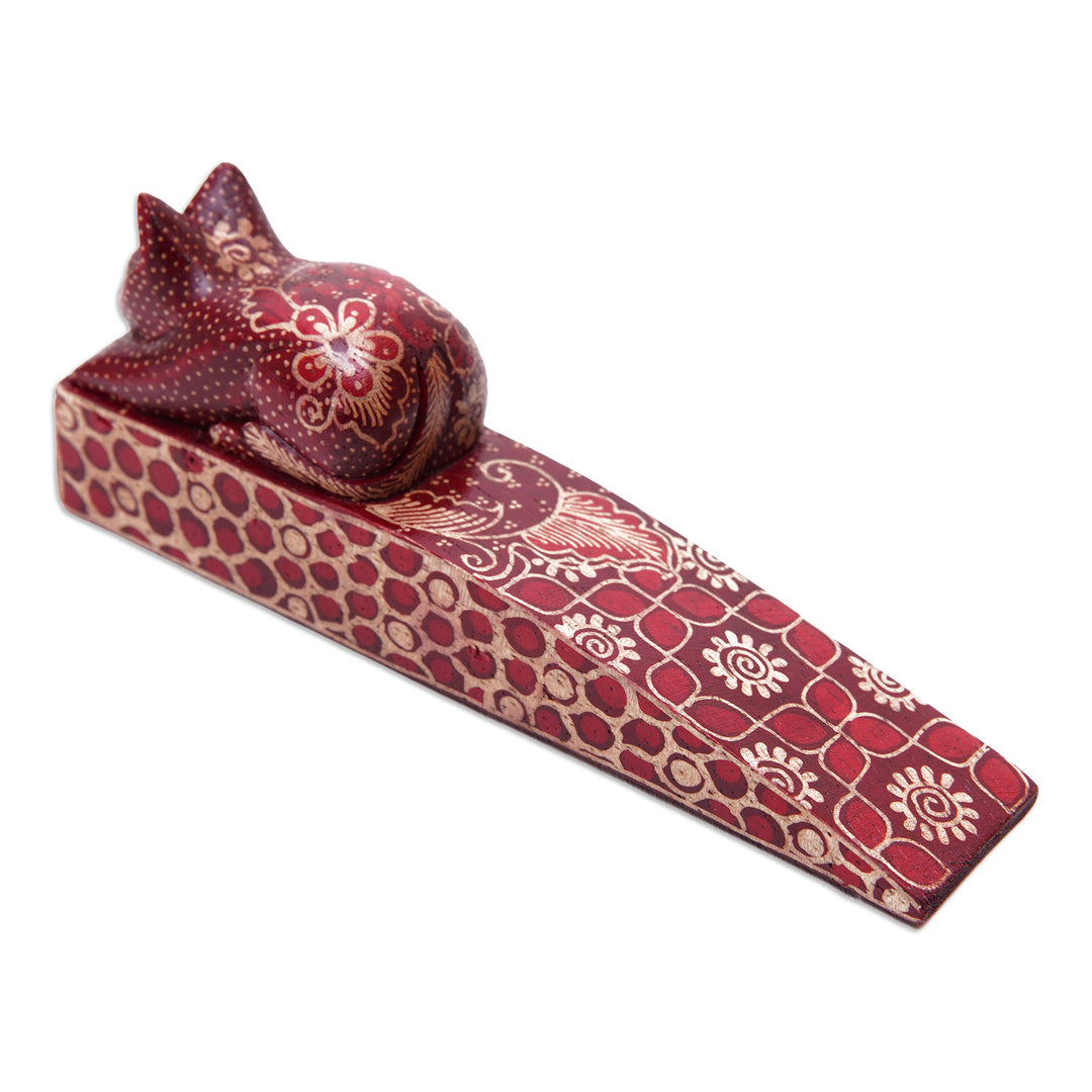 Handmade Batik Cat-Shaped Pule Wood Door Stop in Warm Hues - Feline Space