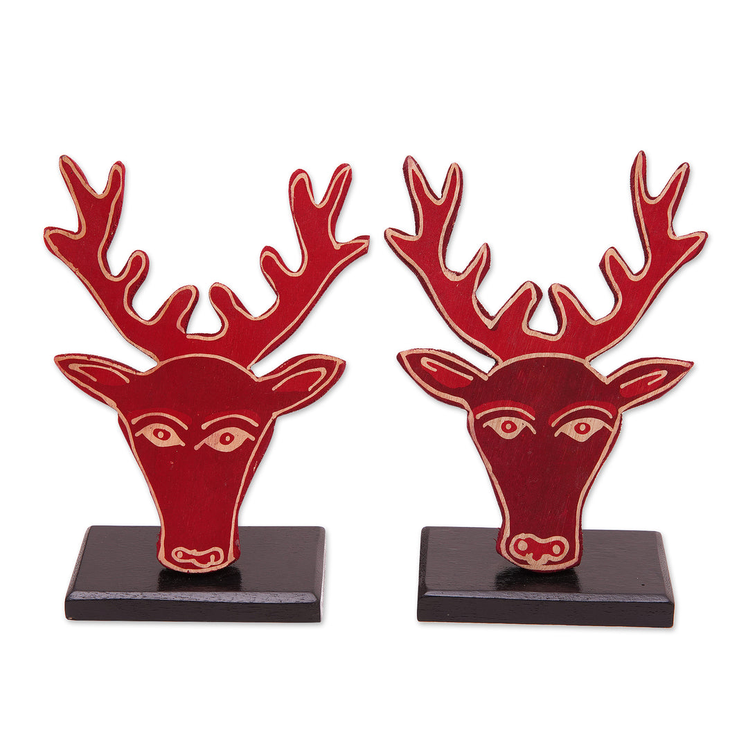 Painted Reindeer-Themed Red Pule Wood Home Accents (Pair) - Deer Red