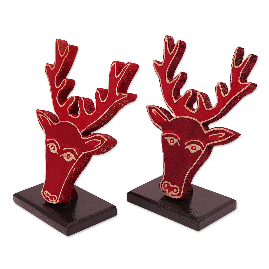 Painted Reindeer-Themed Red Pule Wood Home Accents (Pair) - Deer Red