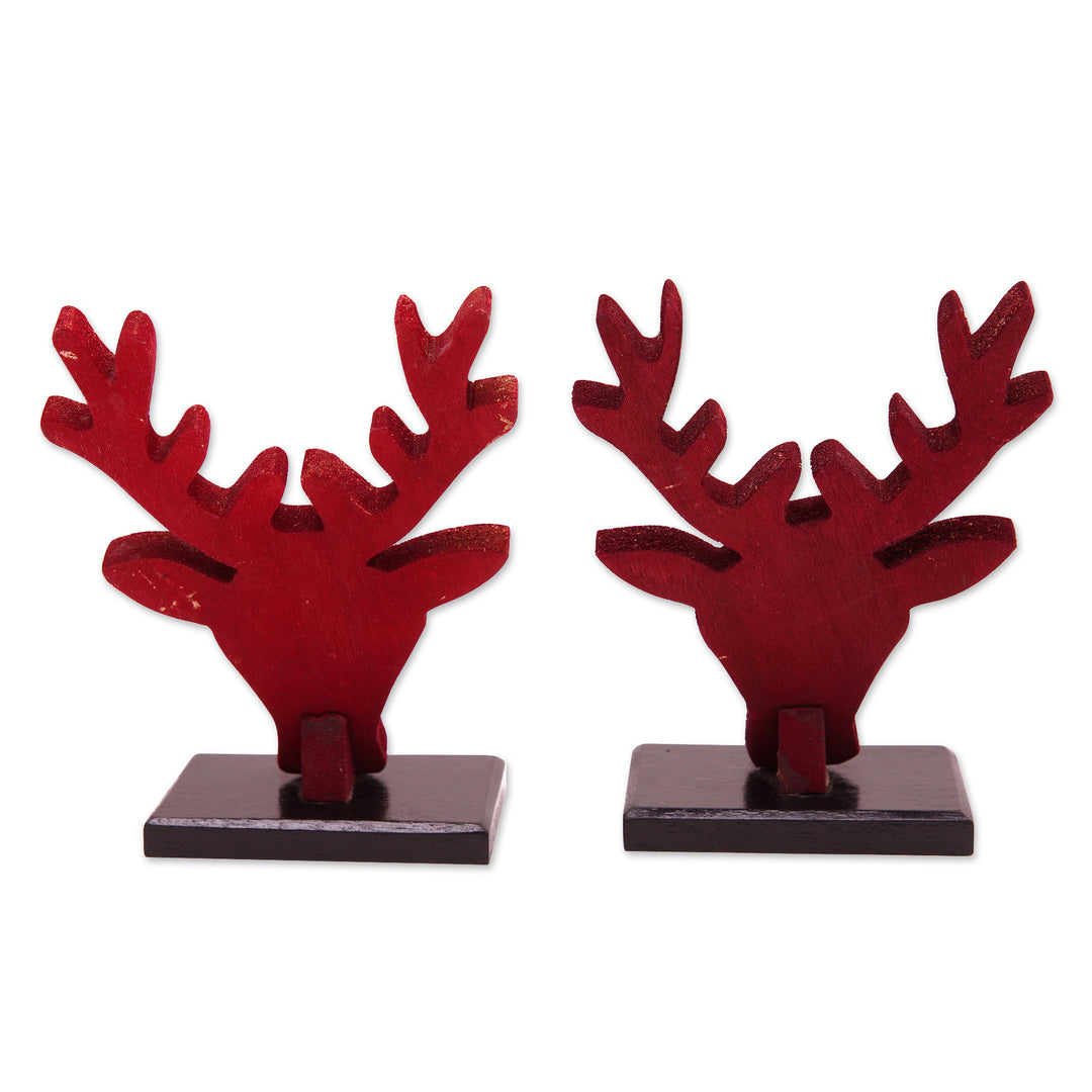 Painted Reindeer-Themed Red Pule Wood Home Accents (Pair) - Deer Red