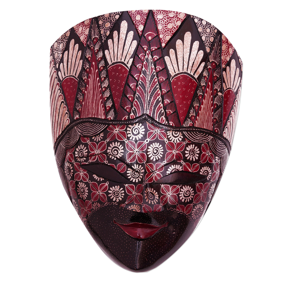 Handcrafted Floral and Leafy Red Batik Pule Wood Mask - Prince Panji