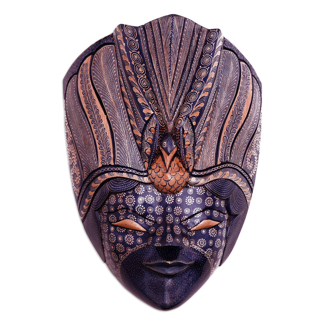 Handcrafted Bird-Themed Leafy Blue Batik Pule Wood Mask - Manuk Rawa Festival