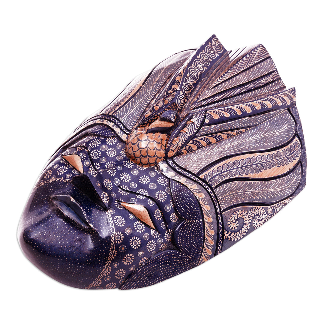 Handcrafted Bird-Themed Leafy Blue Batik Pule Wood Mask - Manuk Rawa Festival