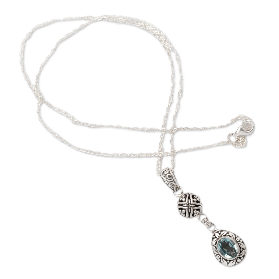 Sterling Silver Blue Topaz Pendant Necklace with Leaf Motifs - Loyal Summer
