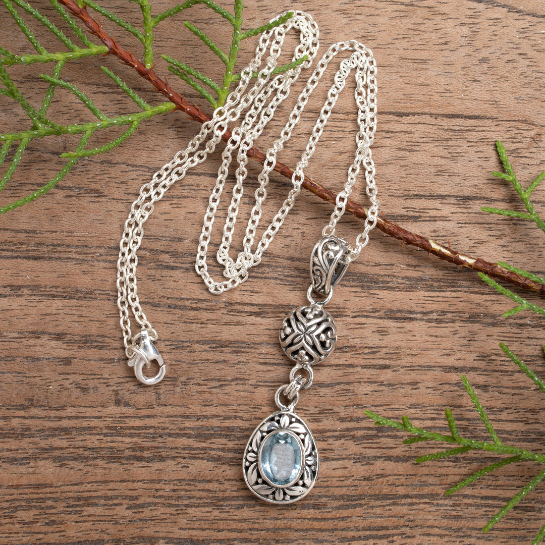 Sterling Silver Blue Topaz Pendant Necklace with Leaf Motifs - Loyal Summer