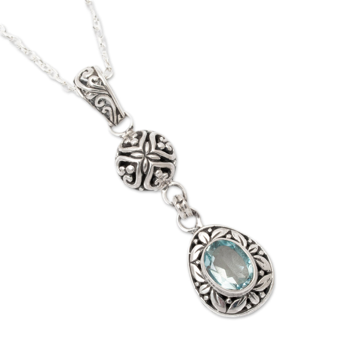 Sterling Silver Blue Topaz Pendant Necklace with Leaf Motifs - Loyal Summer