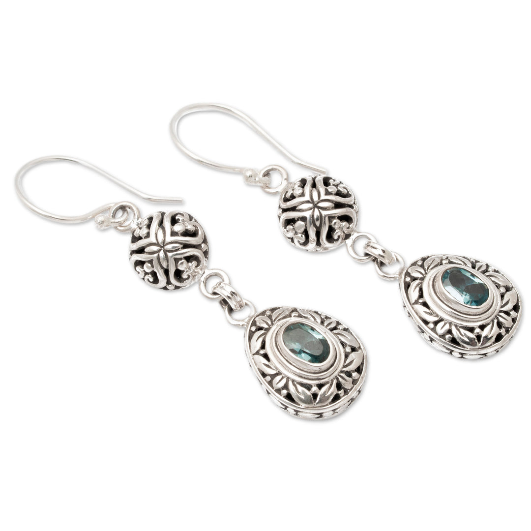 Sterling Silver Blue Topaz Dangle Earrings with Leaf Motifs - Loyal Summer