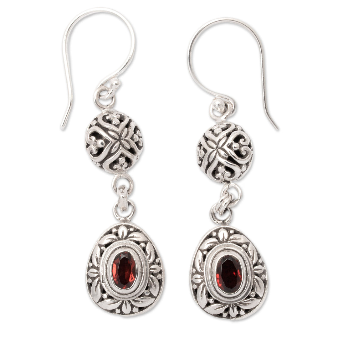 Sterling Silver Garnet Dangle Earrings with Leaf Motifs - Red Summer