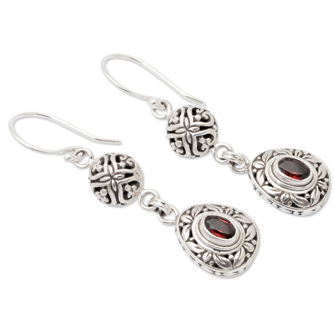 Sterling Silver Garnet Dangle Earrings with Leaf Motifs - Red Summer