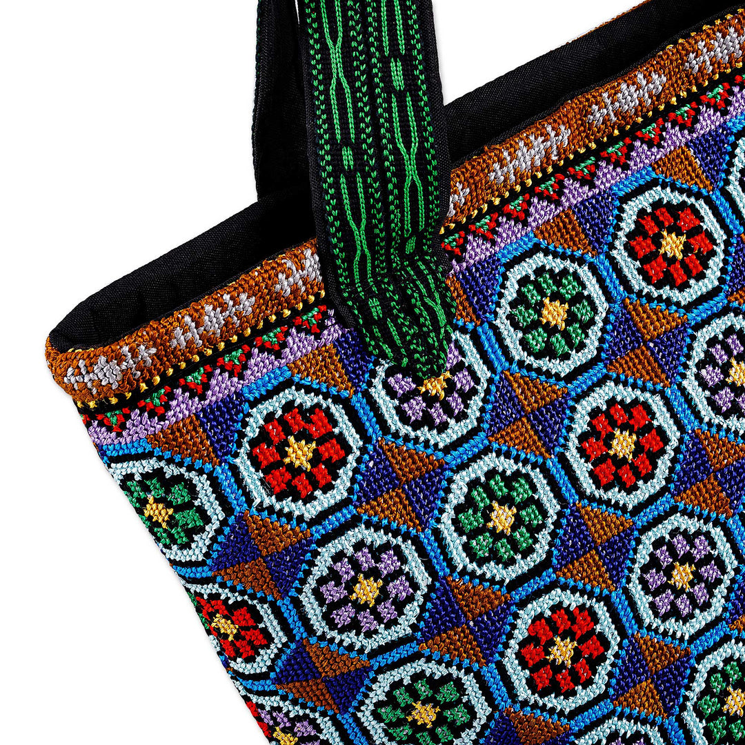 Floral Mosaic-Themed Iroki Embroidered Tote Bag - Blooming Days